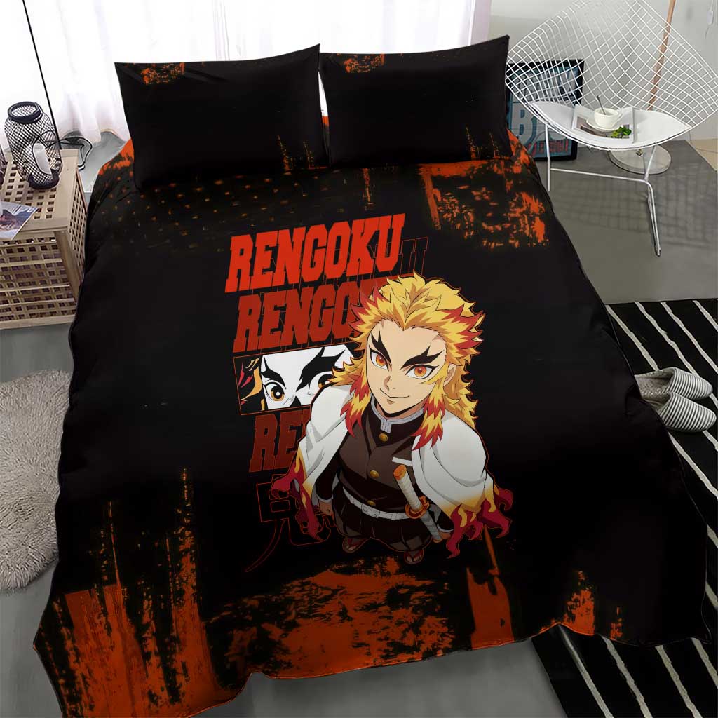 Kyojuro Rengoku Demon Slayer Black and Orange Grunge Design Bedding Set with Bold Eyes and Flame Hashira Artwork - The Mazicc