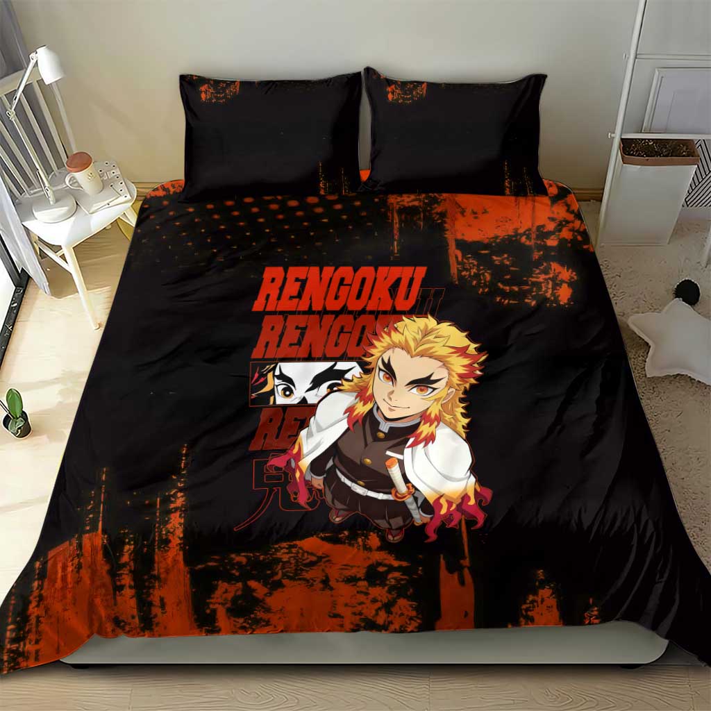 Kyojuro Rengoku Demon Slayer Black and Orange Grunge Design Bedding Set with Bold Eyes and Flame Hashira Artwork - The Mazicc
