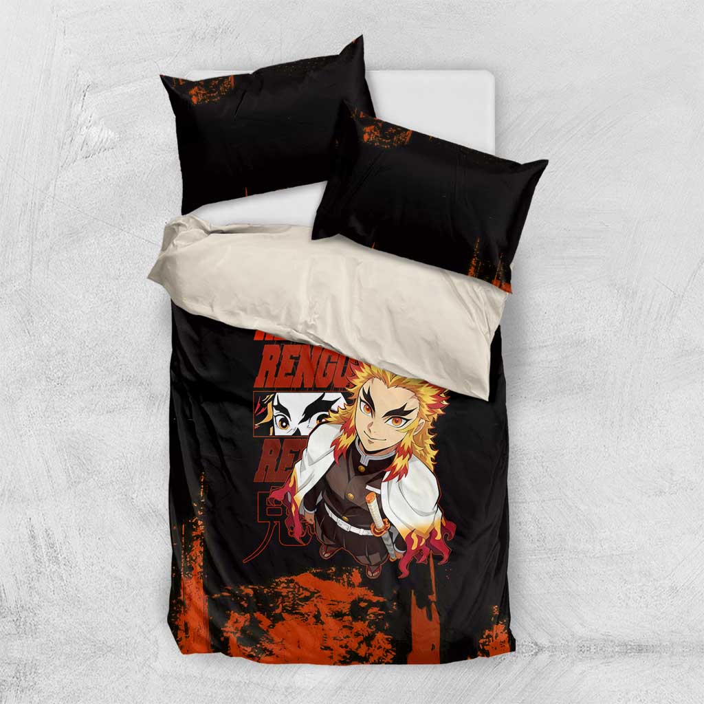 Kyojuro Rengoku Demon Slayer Black and Orange Grunge Design Bedding Set with Bold Eyes and Flame Hashira Artwork - The Mazicc