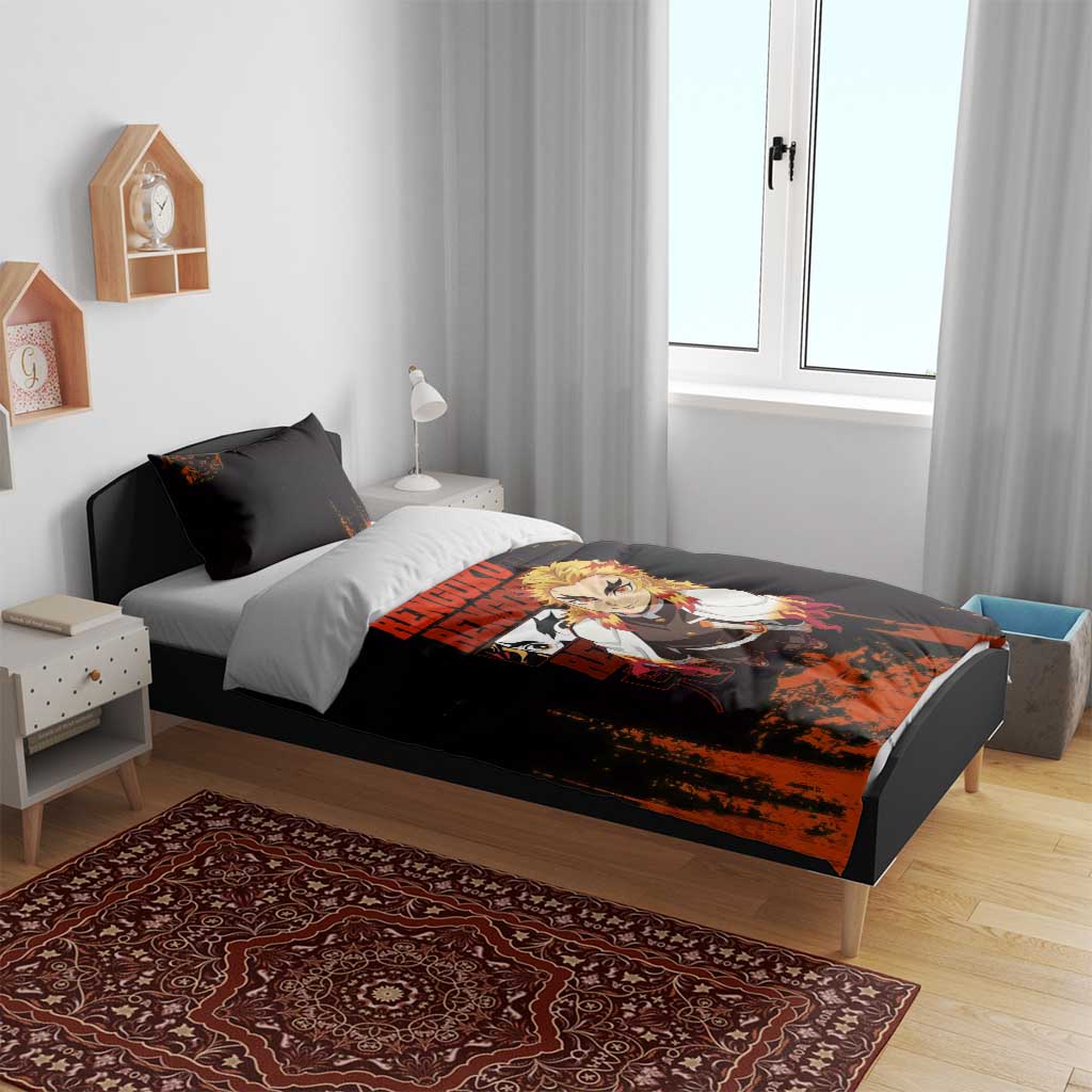 Kyojuro Rengoku Demon Slayer Black and Orange Grunge Design Bedding Set with Bold Eyes and Flame Hashira Artwork - The Mazicc