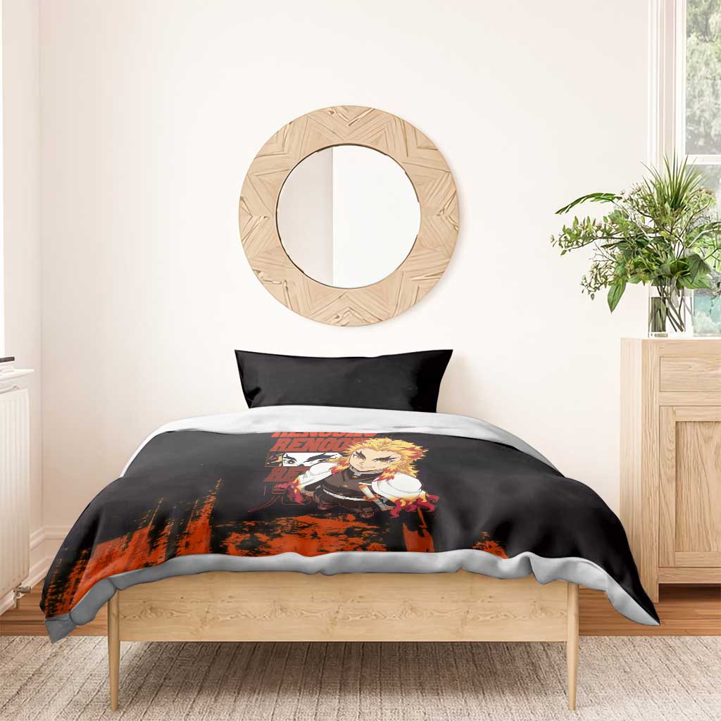 Kyojuro Rengoku Demon Slayer Black and Orange Grunge Design Bedding Set with Bold Eyes and Flame Hashira Artwork - The Mazicc