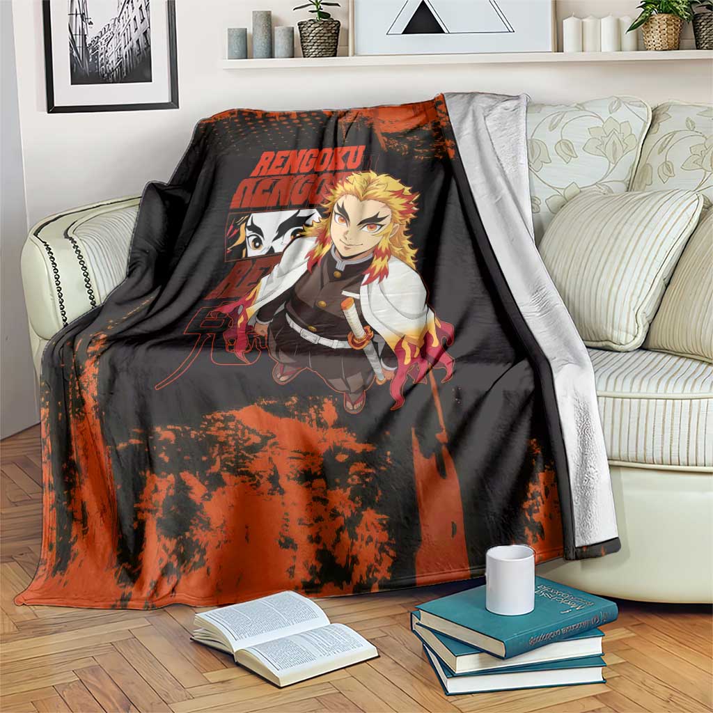 Kyojuro Rengoku Demon Slayer Black and Orange Grunge Design Blanket with Bold Eyes and Flame Hashira Artwork - The Mazicc