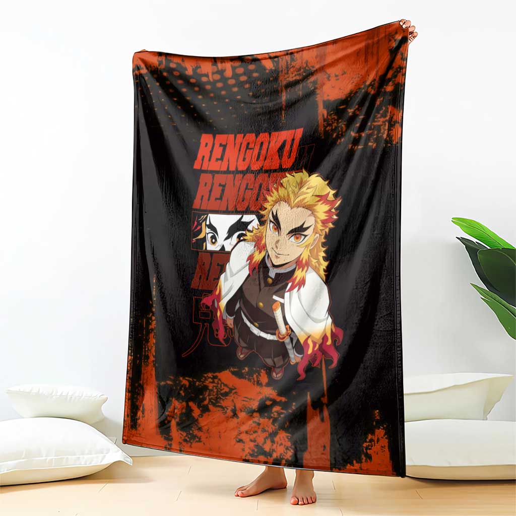 Kyojuro Rengoku Demon Slayer Black and Orange Grunge Design Blanket with Bold Eyes and Flame Hashira Artwork - The Mazicc