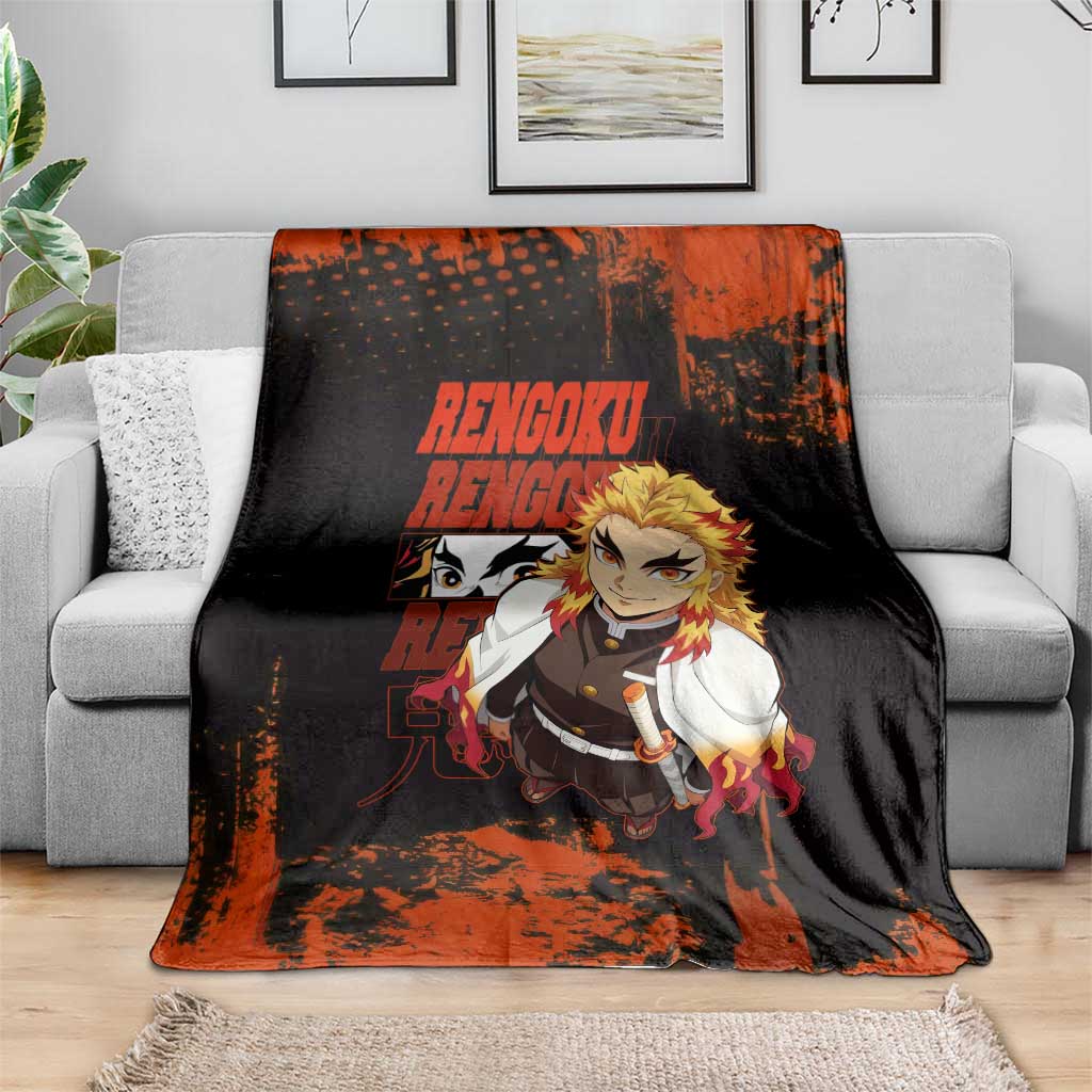 Kyojuro Rengoku Demon Slayer Black and Orange Grunge Design Blanket with Bold Eyes and Flame Hashira Artwork - The Mazicc