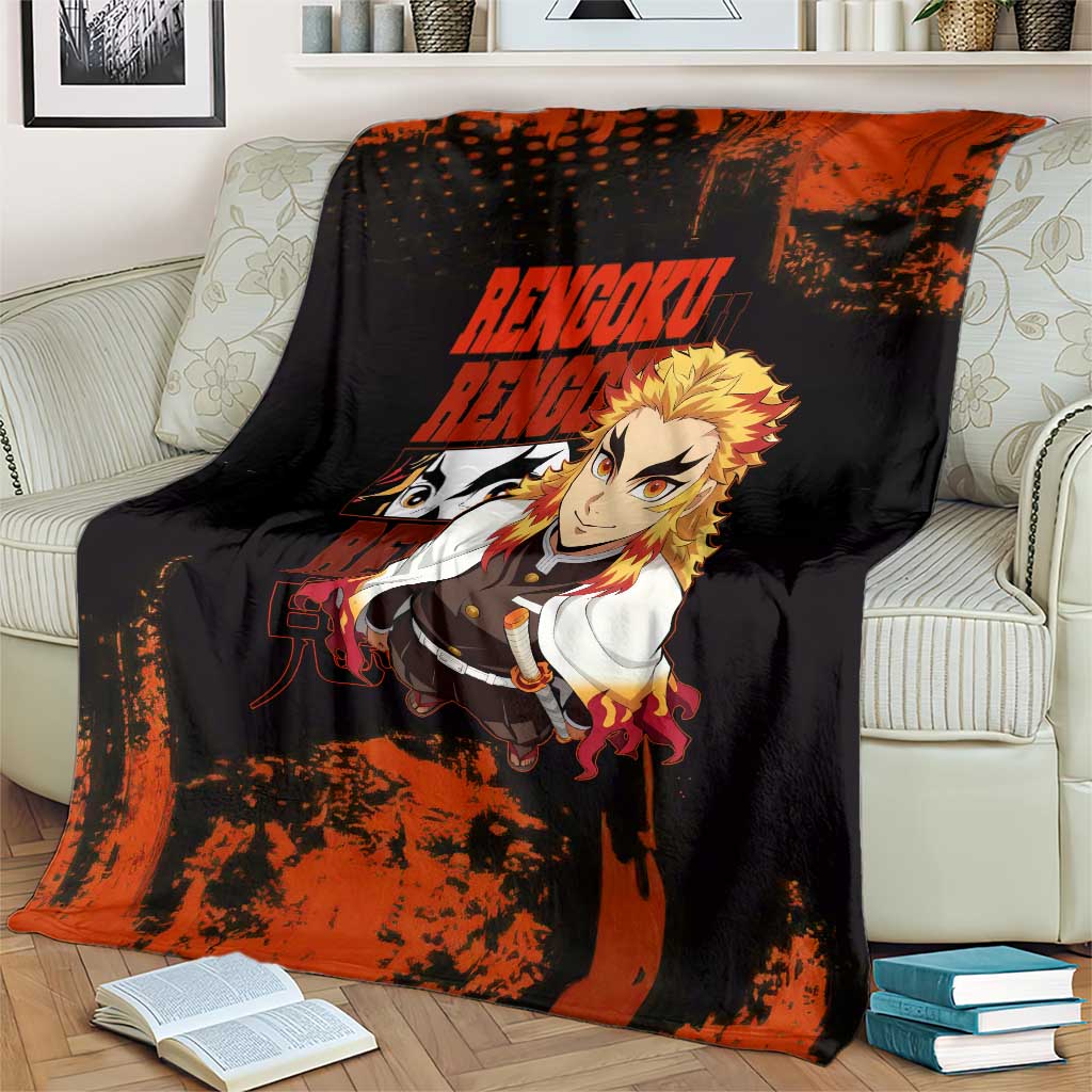 Kyojuro Rengoku Demon Slayer Black and Orange Grunge Design Blanket with Bold Eyes and Flame Hashira Artwork - The Mazicc