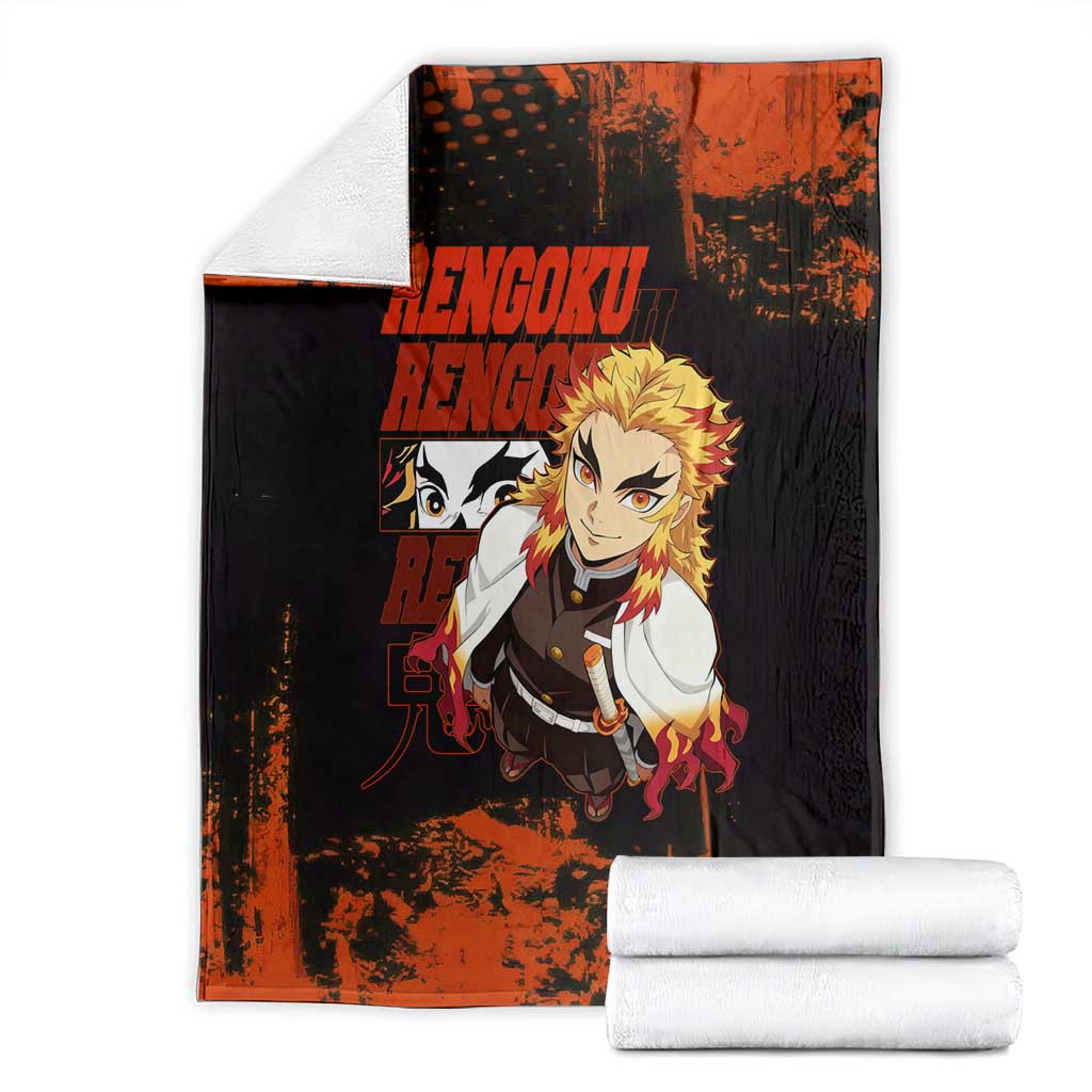 Kyojuro Rengoku Demon Slayer Black and Orange Grunge Design Blanket with Bold Eyes and Flame Hashira Artwork - The Mazicc