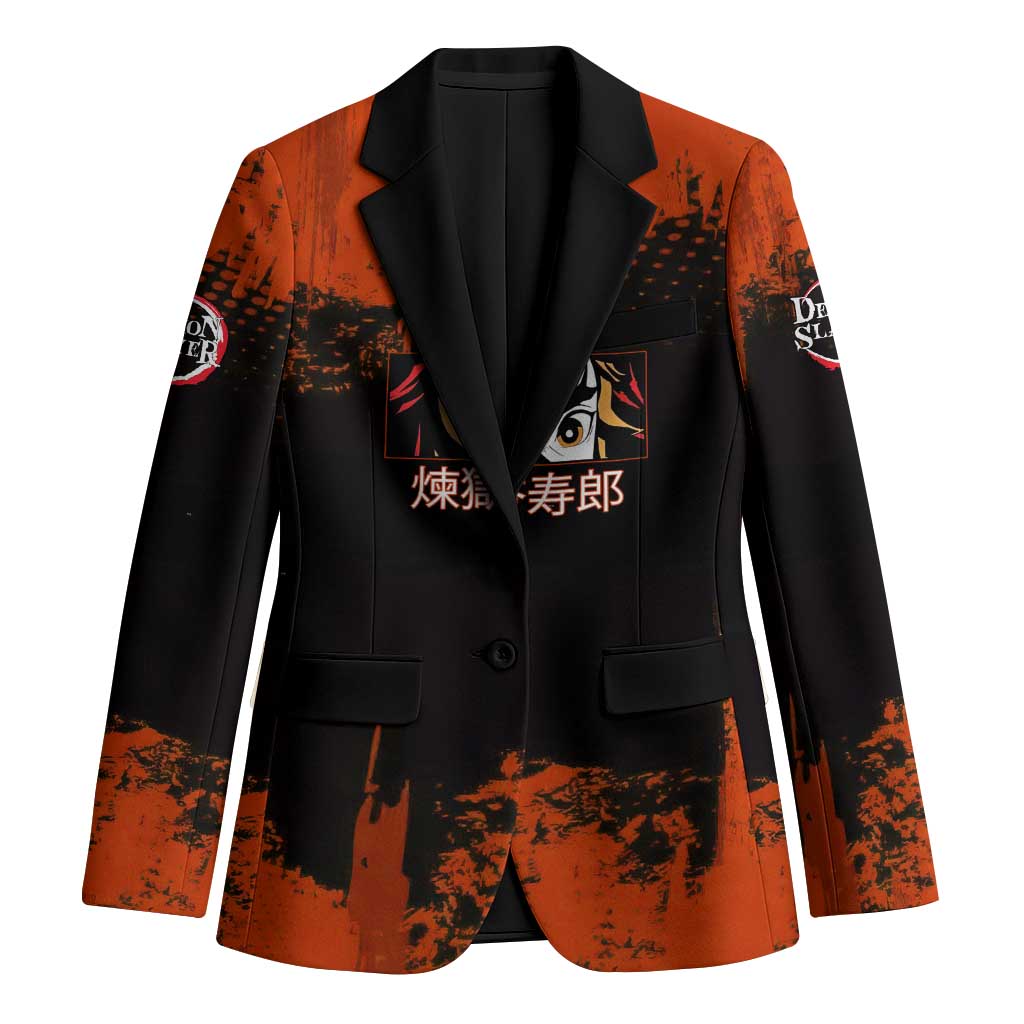 Kyojuro Rengoku Demon Slayer Black and Orange Grunge Design Blazer with Bold Eyes and Flame Hashira Artwork - The Mazicc