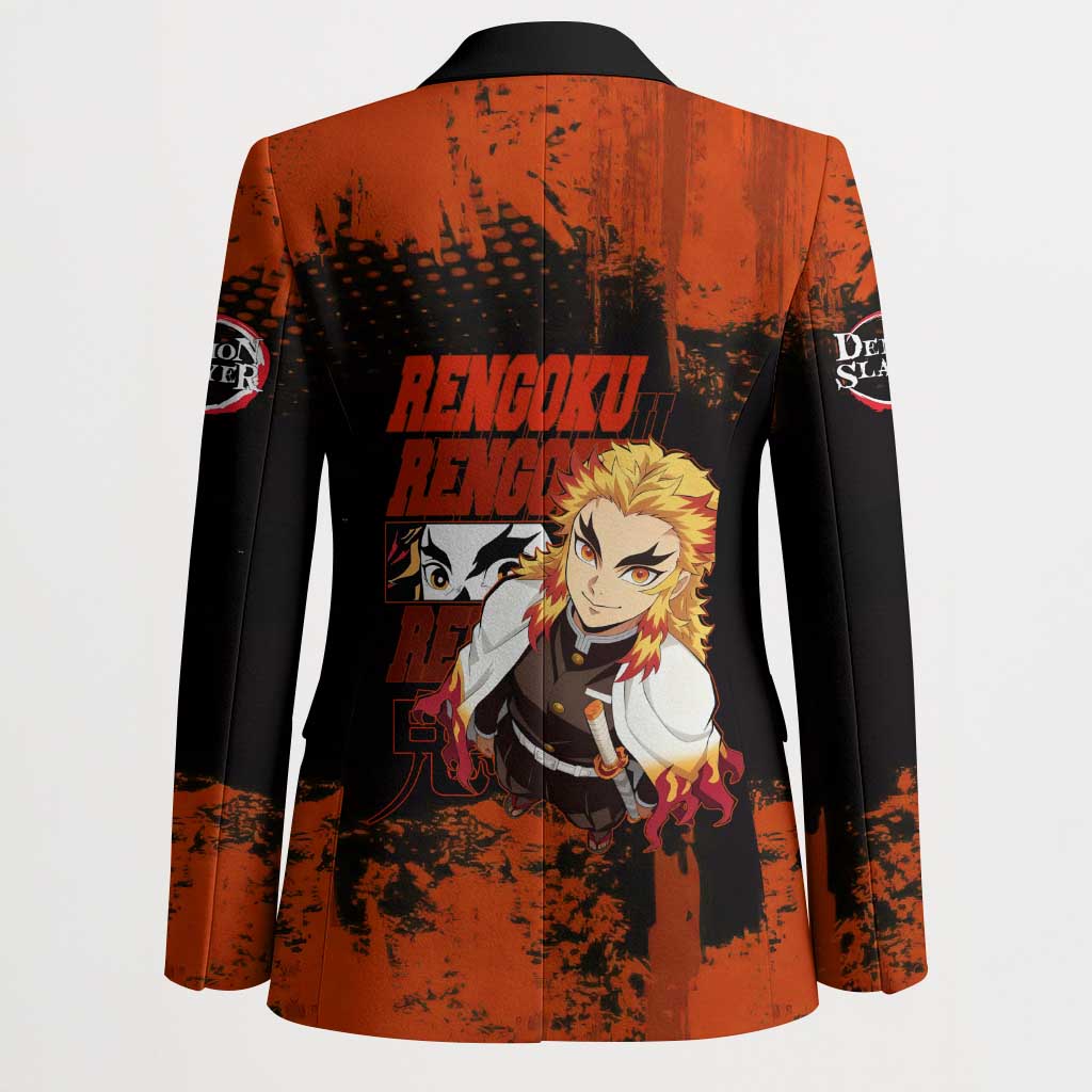 Kyojuro Rengoku Demon Slayer Black and Orange Grunge Design Blazer with Bold Eyes and Flame Hashira Artwork - The Mazicc