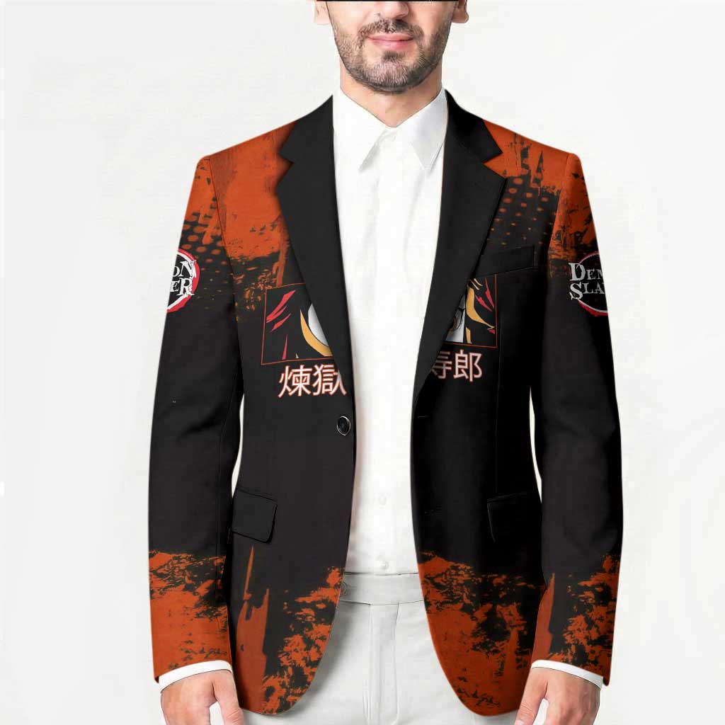 Kyojuro Rengoku Demon Slayer Black and Orange Grunge Design Blazer with Bold Eyes and Flame Hashira Artwork - The Mazicc