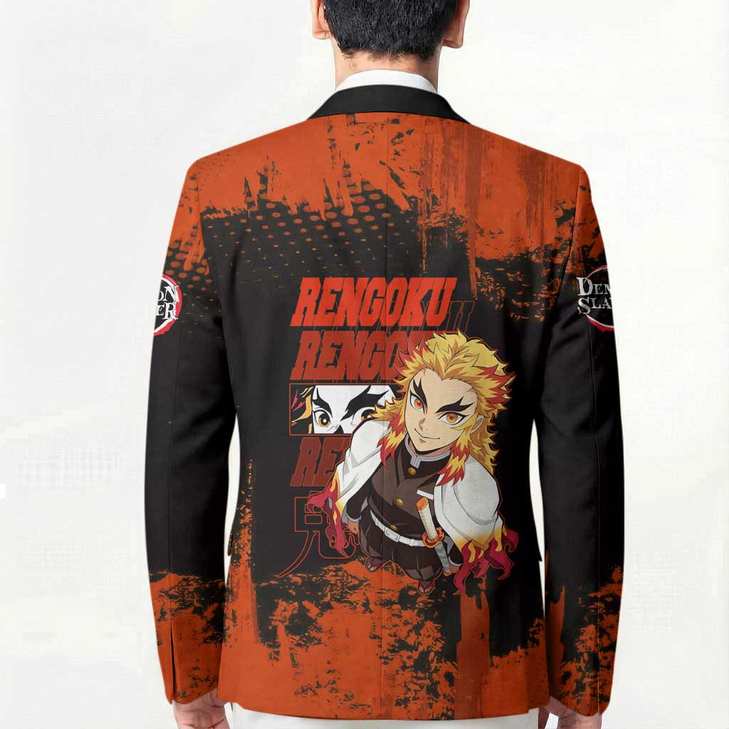 Kyojuro Rengoku Demon Slayer Black and Orange Grunge Design Blazer with Bold Eyes and Flame Hashira Artwork - The Mazicc