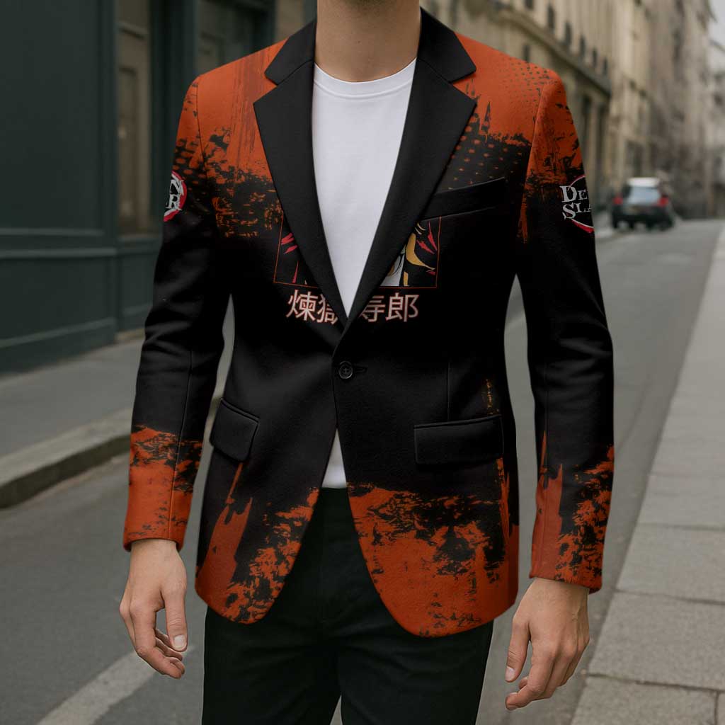 Kyojuro Rengoku Demon Slayer Black and Orange Grunge Design Blazer with Bold Eyes and Flame Hashira Artwork - The Mazicc