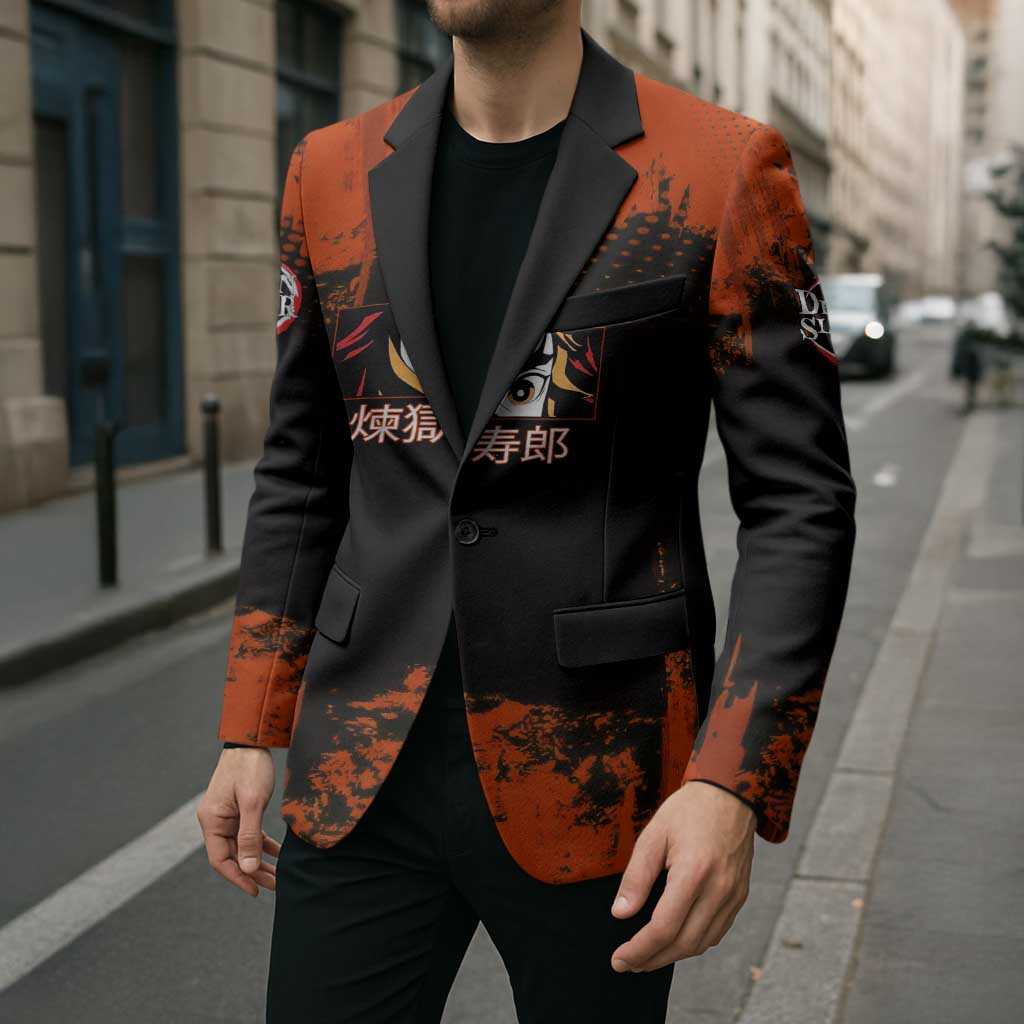 Kyojuro Rengoku Demon Slayer Black and Orange Grunge Design Blazer with Bold Eyes and Flame Hashira Artwork - The Mazicc