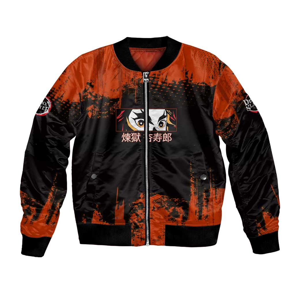 Kyojuro Rengoku Demon Slayer Black and Orange Grunge Design Bomber Jacket with Bold Eyes and Flame Hashira Artwork - The Mazicc