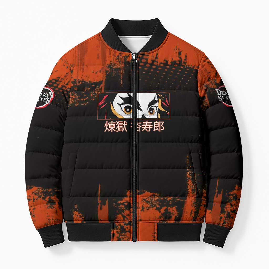 Kyojuro Rengoku Demon Slayer Black and Orange Grunge Design Bomber Puffer Jacket with Bold Eyes and Flame Hashira Artwork - The Mazicc