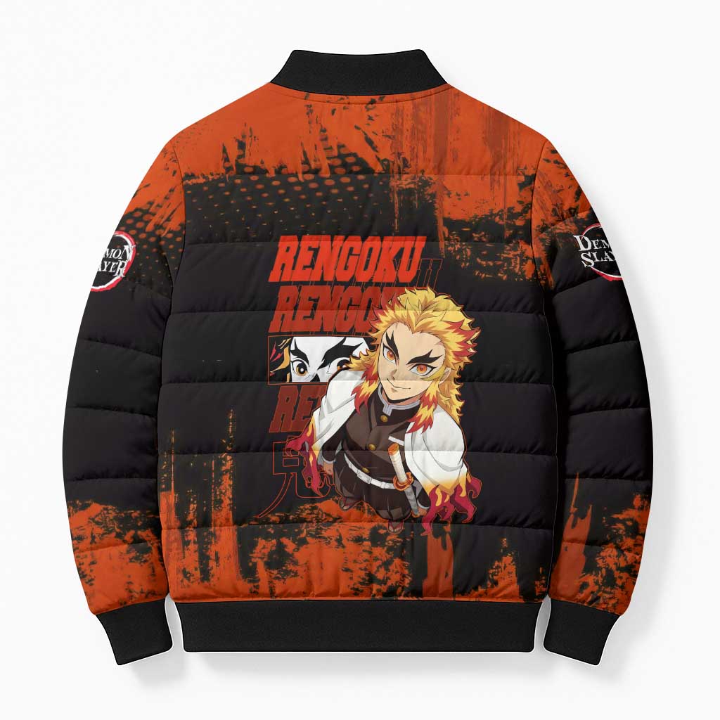 Kyojuro Rengoku Demon Slayer Black and Orange Grunge Design Bomber Puffer Jacket with Bold Eyes and Flame Hashira Artwork - The Mazicc