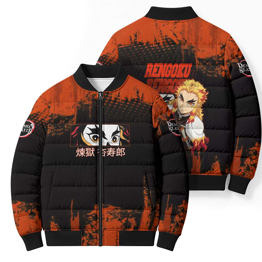 Kyojuro Rengoku Demon Slayer Black and Orange Grunge Design Bomber Puffer Jacket with Bold Eyes and Flame Hashira Artwork - The Mazicc