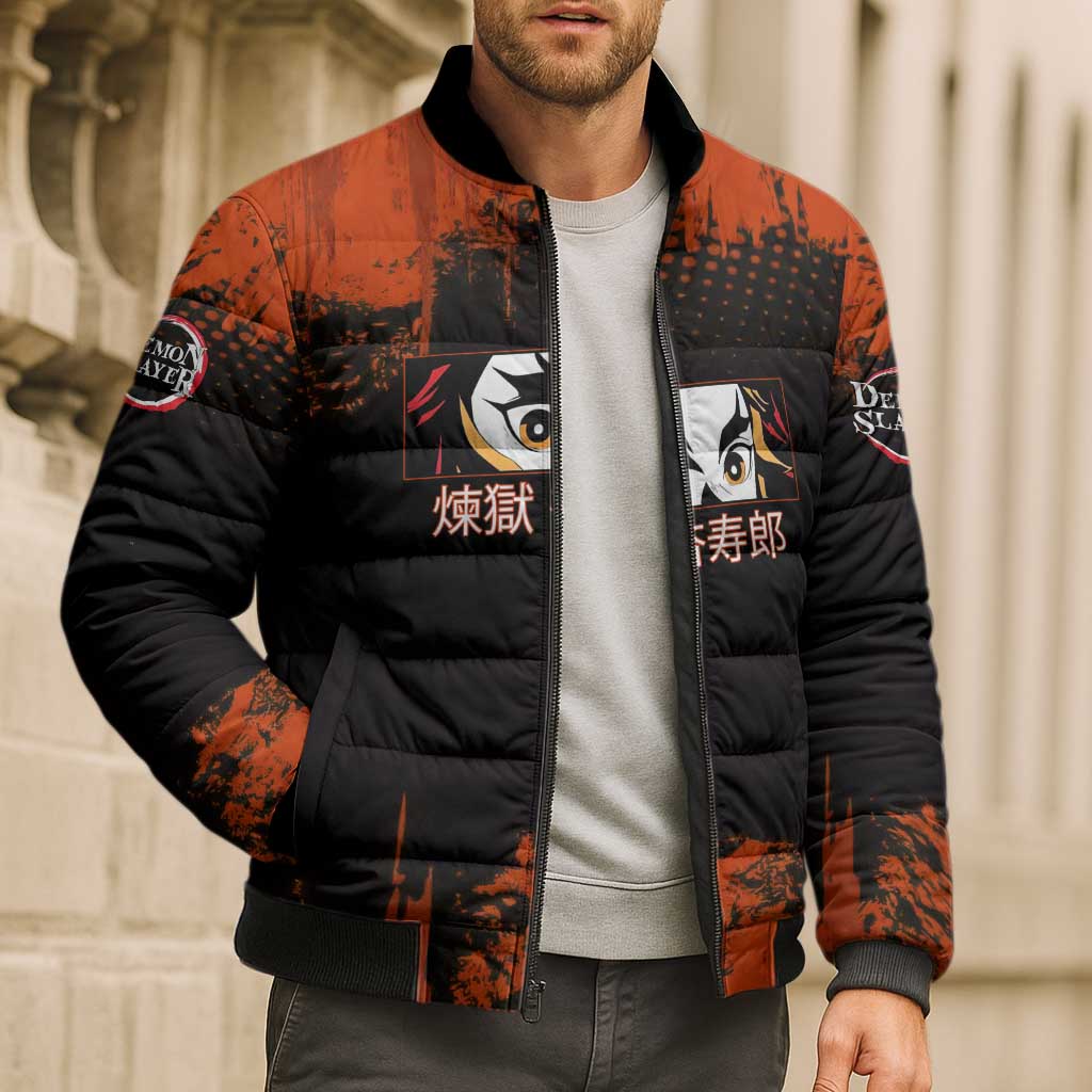 Kyojuro Rengoku Demon Slayer Black and Orange Grunge Design Bomber Puffer Jacket with Bold Eyes and Flame Hashira Artwork - The Mazicc