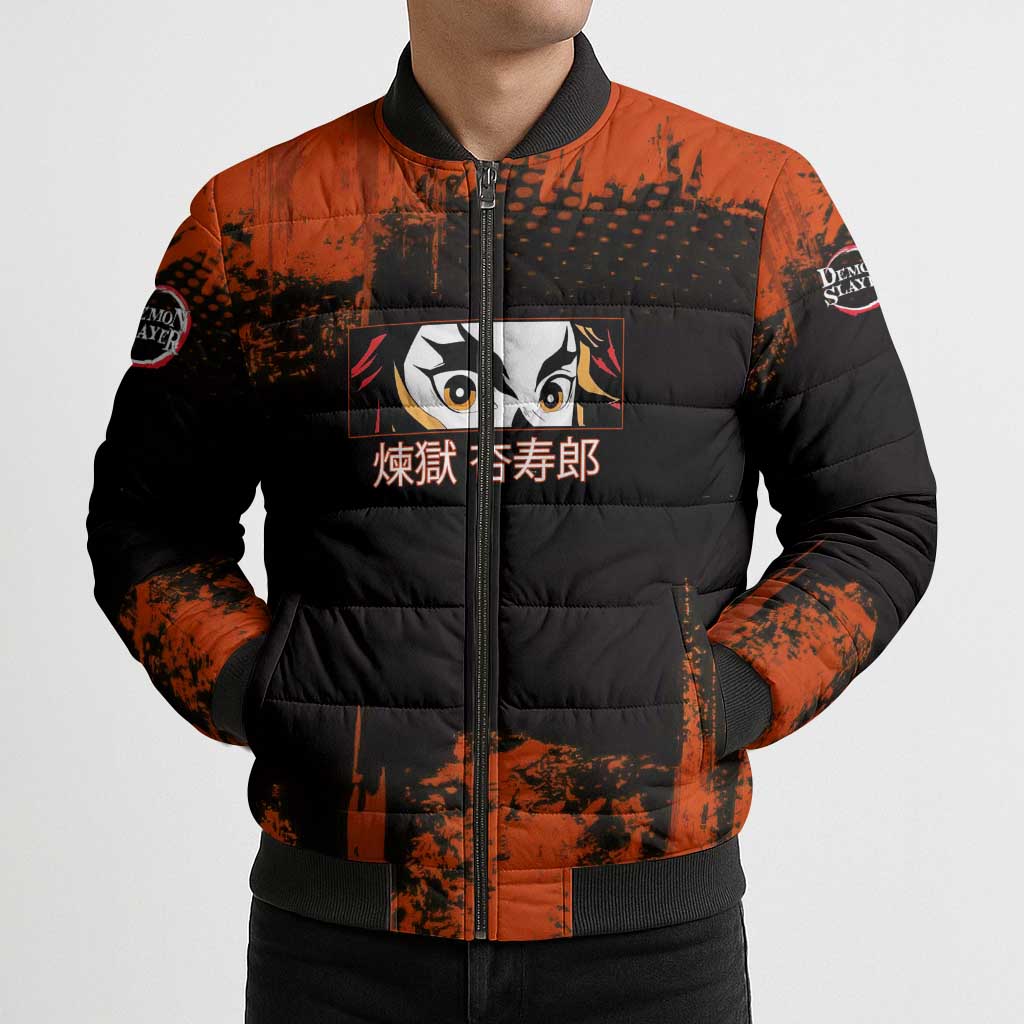 Kyojuro Rengoku Demon Slayer Black and Orange Grunge Design Bomber Puffer Jacket with Bold Eyes and Flame Hashira Artwork - The Mazicc