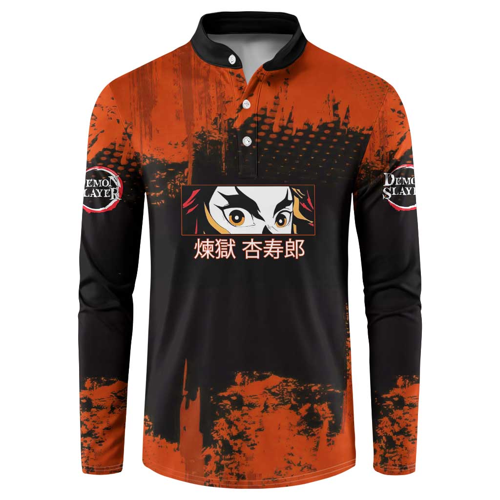 Kyojuro Rengoku Demon Slayer Black and Orange Grunge Design Button Sweatshirt with Bold Eyes and Flame Hashira Artwork - The Mazicc