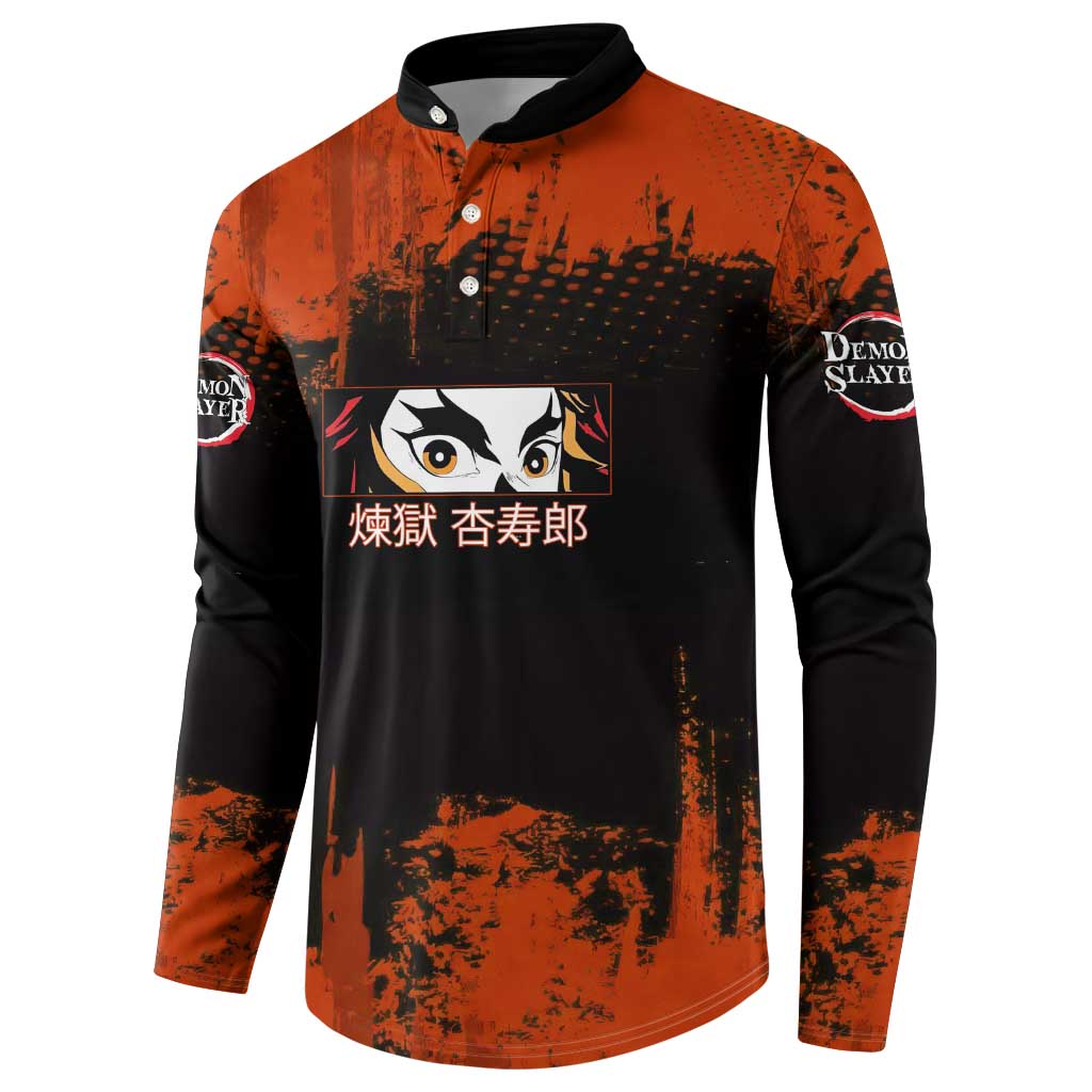 Kyojuro Rengoku Demon Slayer Black and Orange Grunge Design Button Sweatshirt with Bold Eyes and Flame Hashira Artwork - The Mazicc