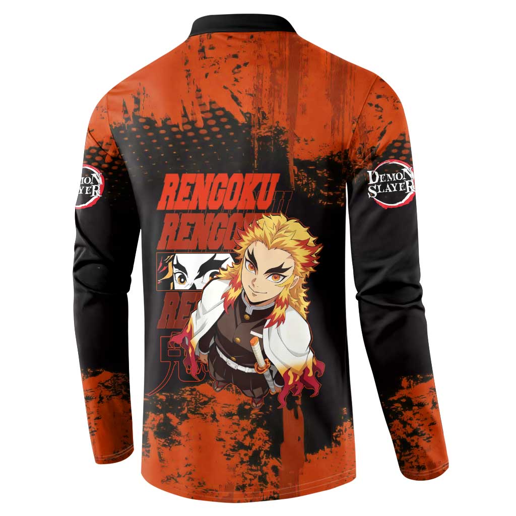 Kyojuro Rengoku Demon Slayer Black and Orange Grunge Design Button Sweatshirt with Bold Eyes and Flame Hashira Artwork - The Mazicc