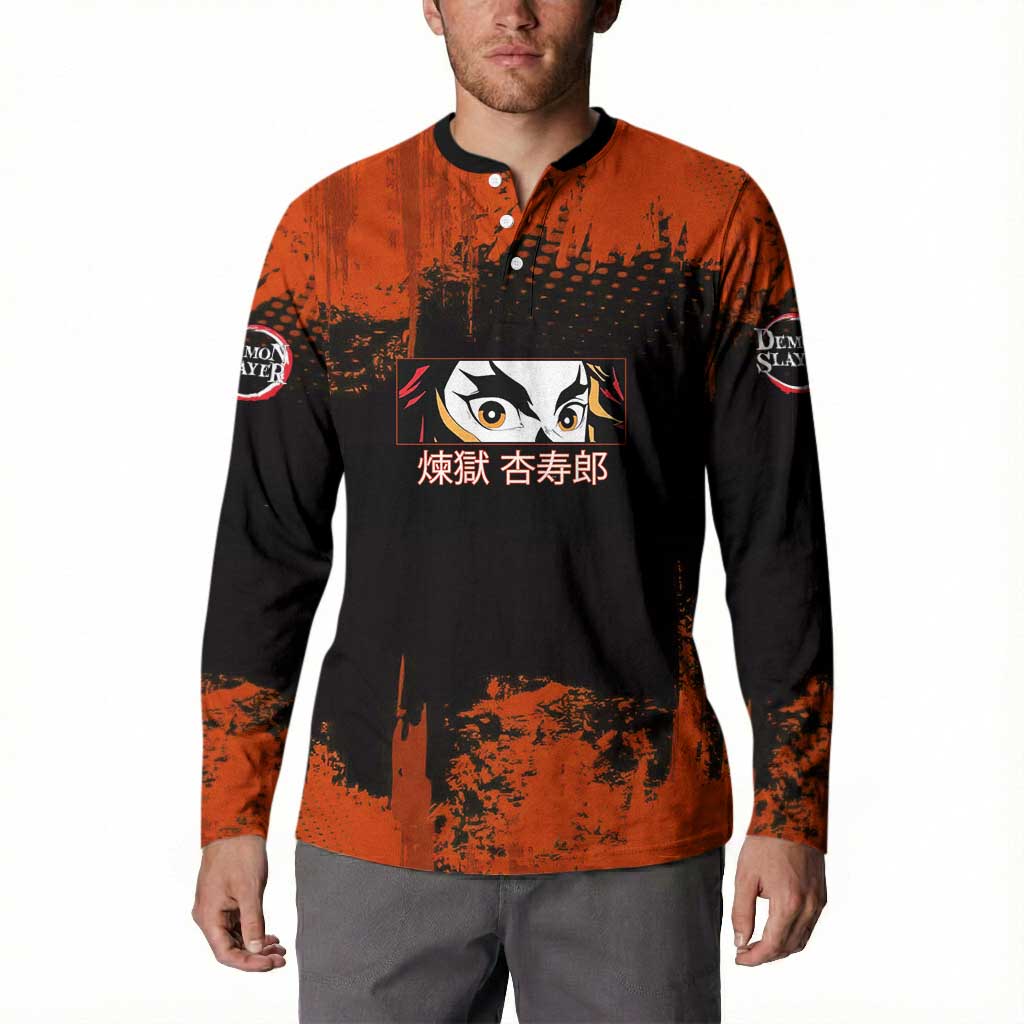 Kyojuro Rengoku Demon Slayer Black and Orange Grunge Design Button Sweatshirt with Bold Eyes and Flame Hashira Artwork - The Mazicc