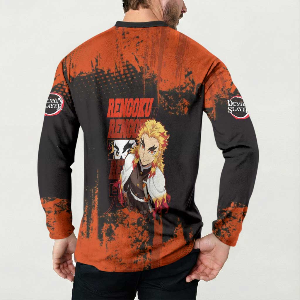 Kyojuro Rengoku Demon Slayer Black and Orange Grunge Design Button Sweatshirt with Bold Eyes and Flame Hashira Artwork - The Mazicc