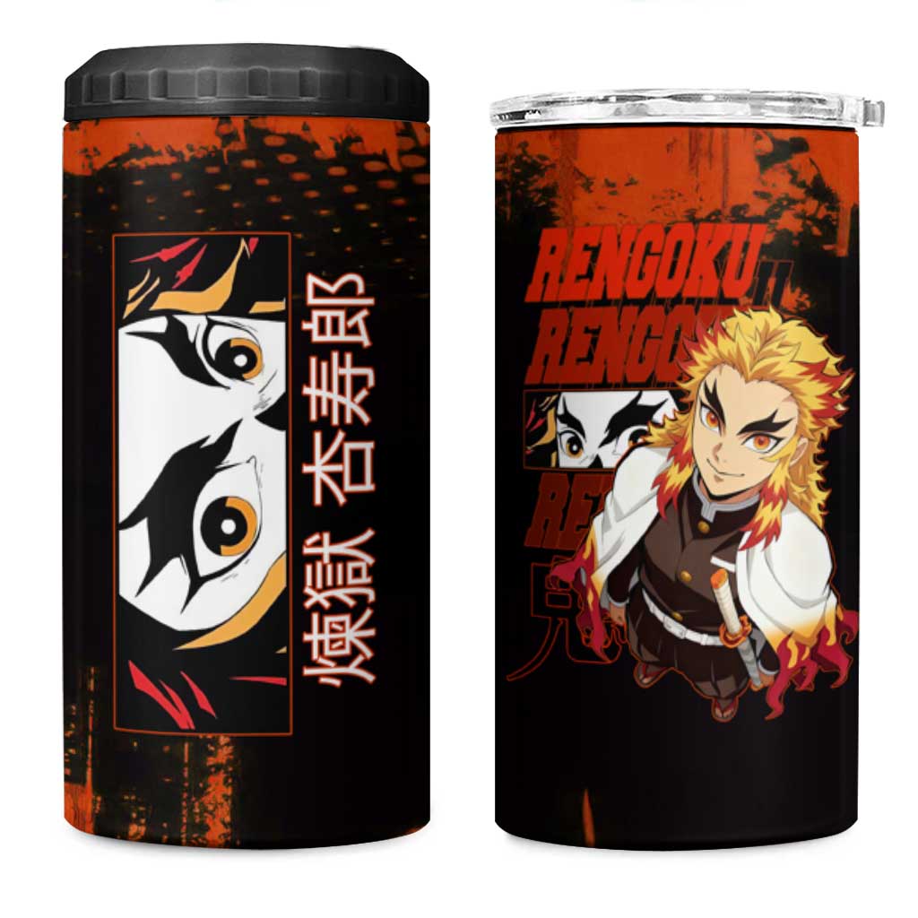 Kyojuro Rengoku Demon Slayer Black and Orange Grunge Design 4 in 1 Can Cooler Tumbler with Bold Eyes and Flame Hashira Artwork - The Mazicc