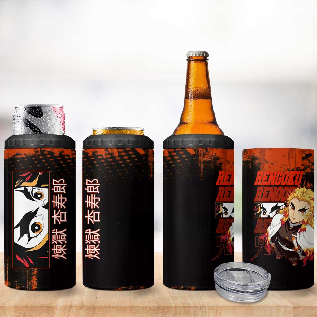 Kyojuro Rengoku Demon Slayer Black and Orange Grunge Design 4 in 1 Can Cooler Tumbler with Bold Eyes and Flame Hashira Artwork - The Mazicc