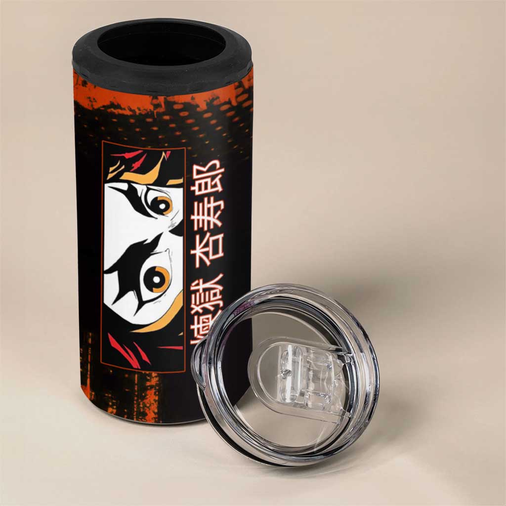 Kyojuro Rengoku Demon Slayer Black and Orange Grunge Design 4 in 1 Can Cooler Tumbler with Bold Eyes and Flame Hashira Artwork - The Mazicc