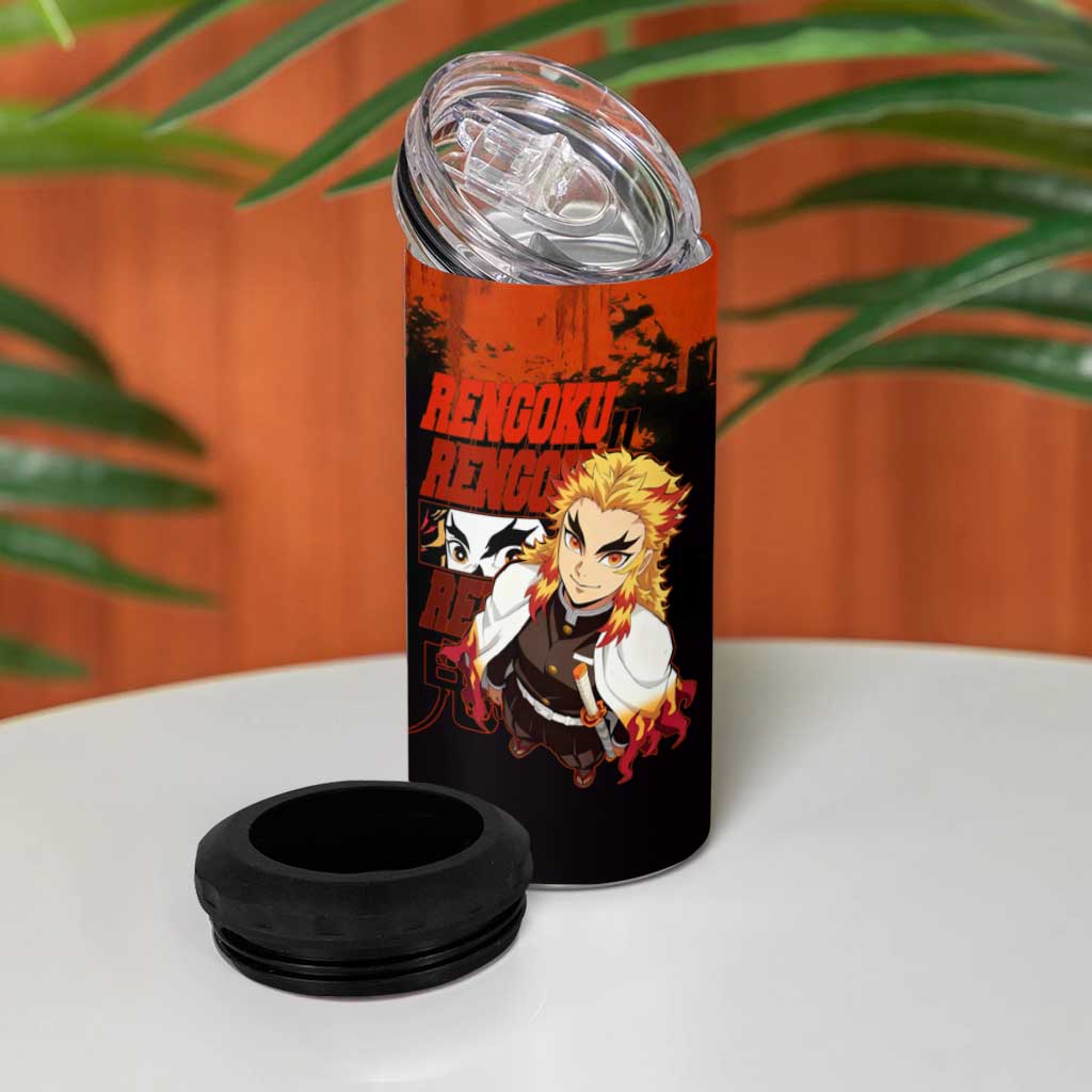 Kyojuro Rengoku Demon Slayer Black and Orange Grunge Design 4 in 1 Can Cooler Tumbler with Bold Eyes and Flame Hashira Artwork - The Mazicc
