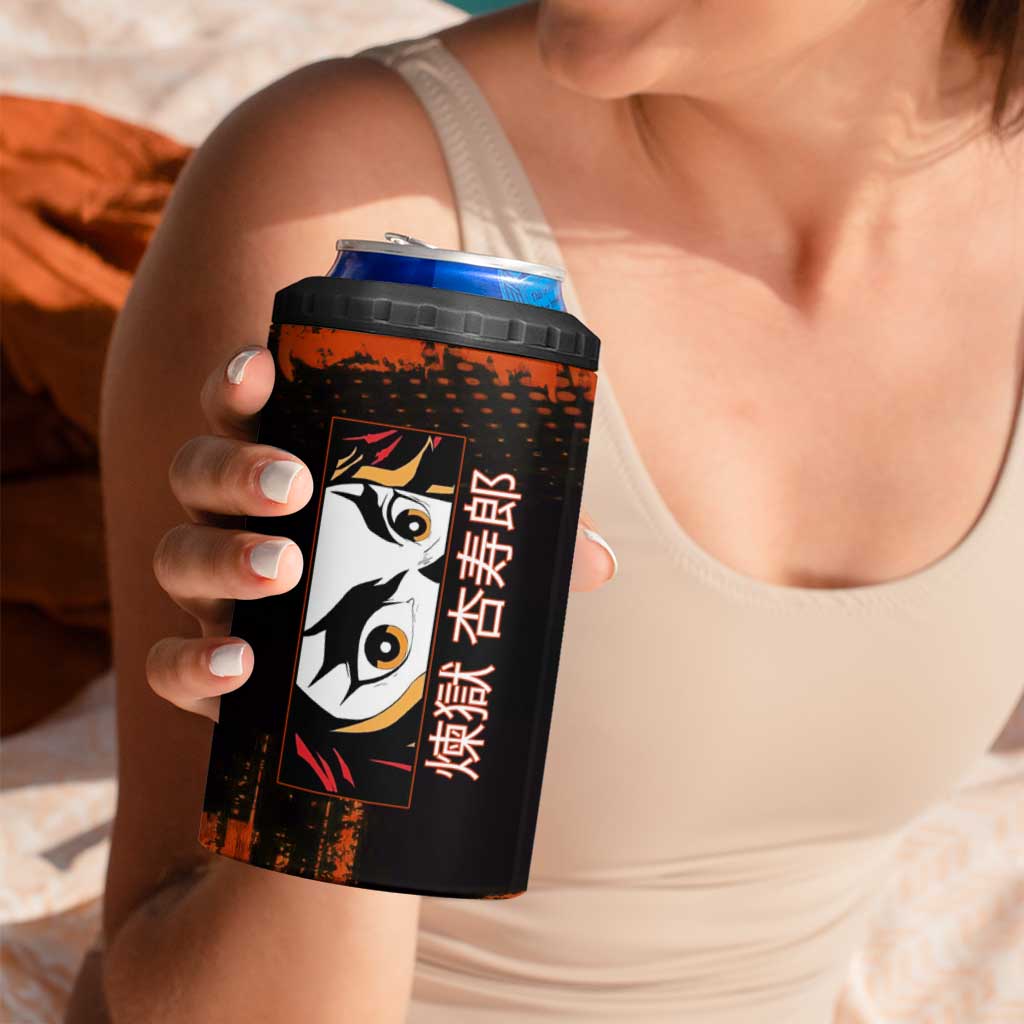 Kyojuro Rengoku Demon Slayer Black and Orange Grunge Design 4 in 1 Can Cooler Tumbler with Bold Eyes and Flame Hashira Artwork - The Mazicc