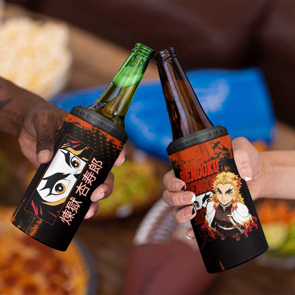 Kyojuro Rengoku Demon Slayer Black and Orange Grunge Design 4 in 1 Can Cooler Tumbler with Bold Eyes and Flame Hashira Artwork - The Mazicc