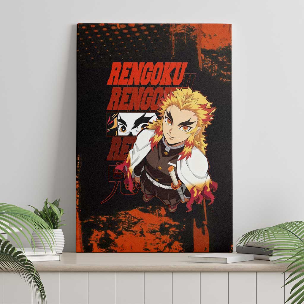 Kyojuro Rengoku Demon Slayer Black and Orange Grunge Design Canvas Wall Art with Bold Eyes and Flame Hashira Artwork - The Mazicc