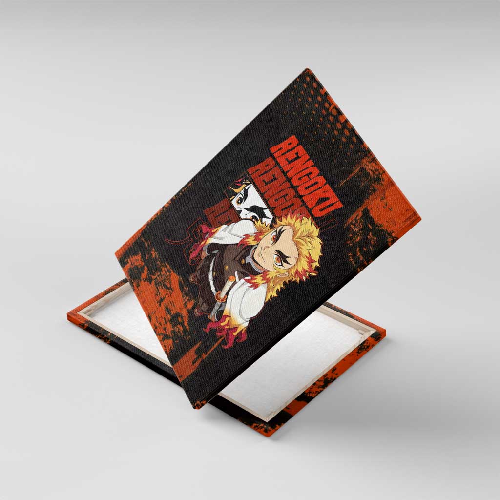 Kyojuro Rengoku Demon Slayer Black and Orange Grunge Design Canvas Wall Art with Bold Eyes and Flame Hashira Artwork - The Mazicc