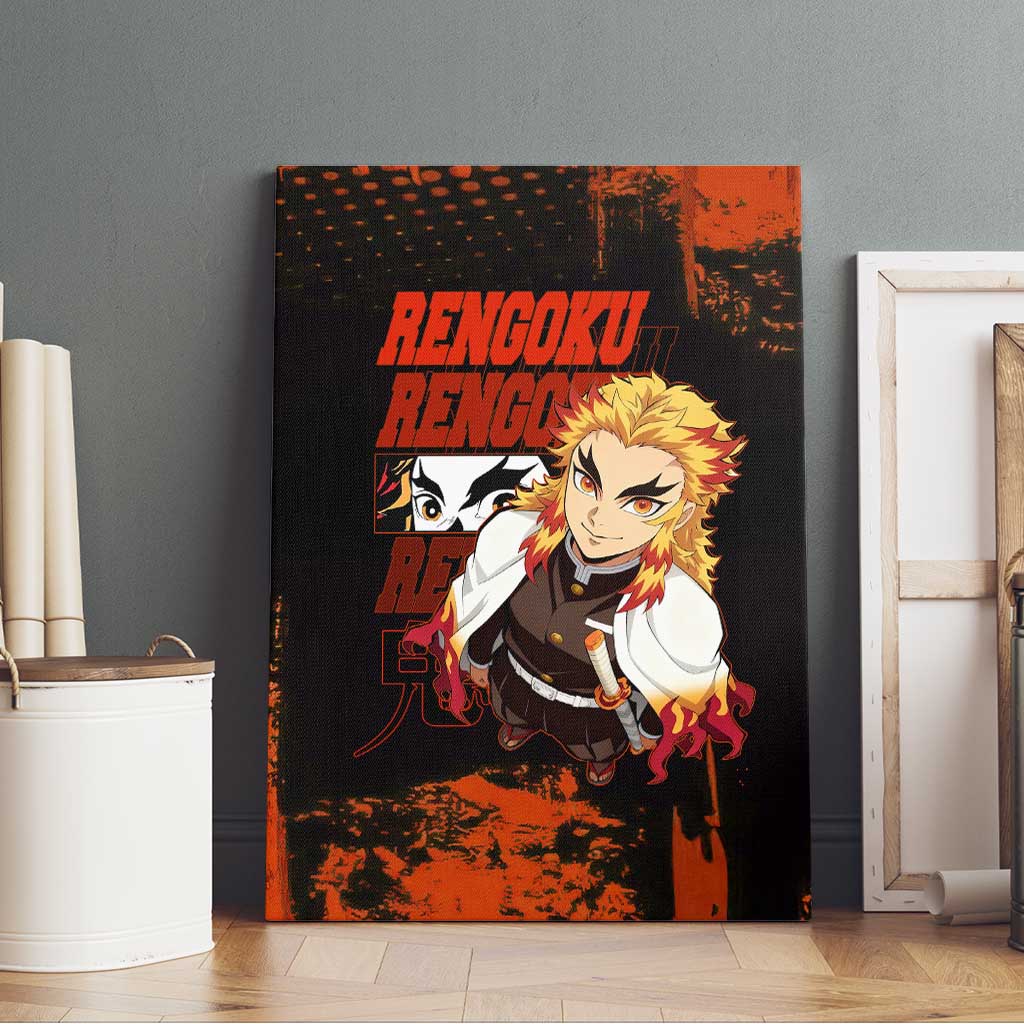 Kyojuro Rengoku Demon Slayer Black and Orange Grunge Design Canvas Wall Art with Bold Eyes and Flame Hashira Artwork - The Mazicc
