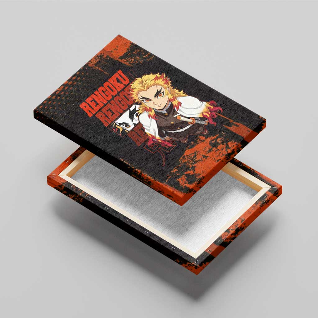 Kyojuro Rengoku Demon Slayer Black and Orange Grunge Design Canvas Wall Art with Bold Eyes and Flame Hashira Artwork - The Mazicc