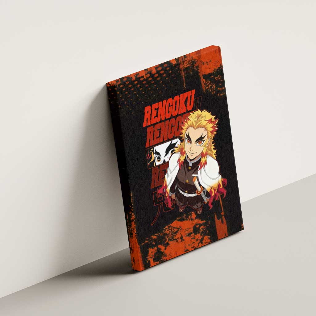 Kyojuro Rengoku Demon Slayer Black and Orange Grunge Design Canvas Wall Art with Bold Eyes and Flame Hashira Artwork - The Mazicc
