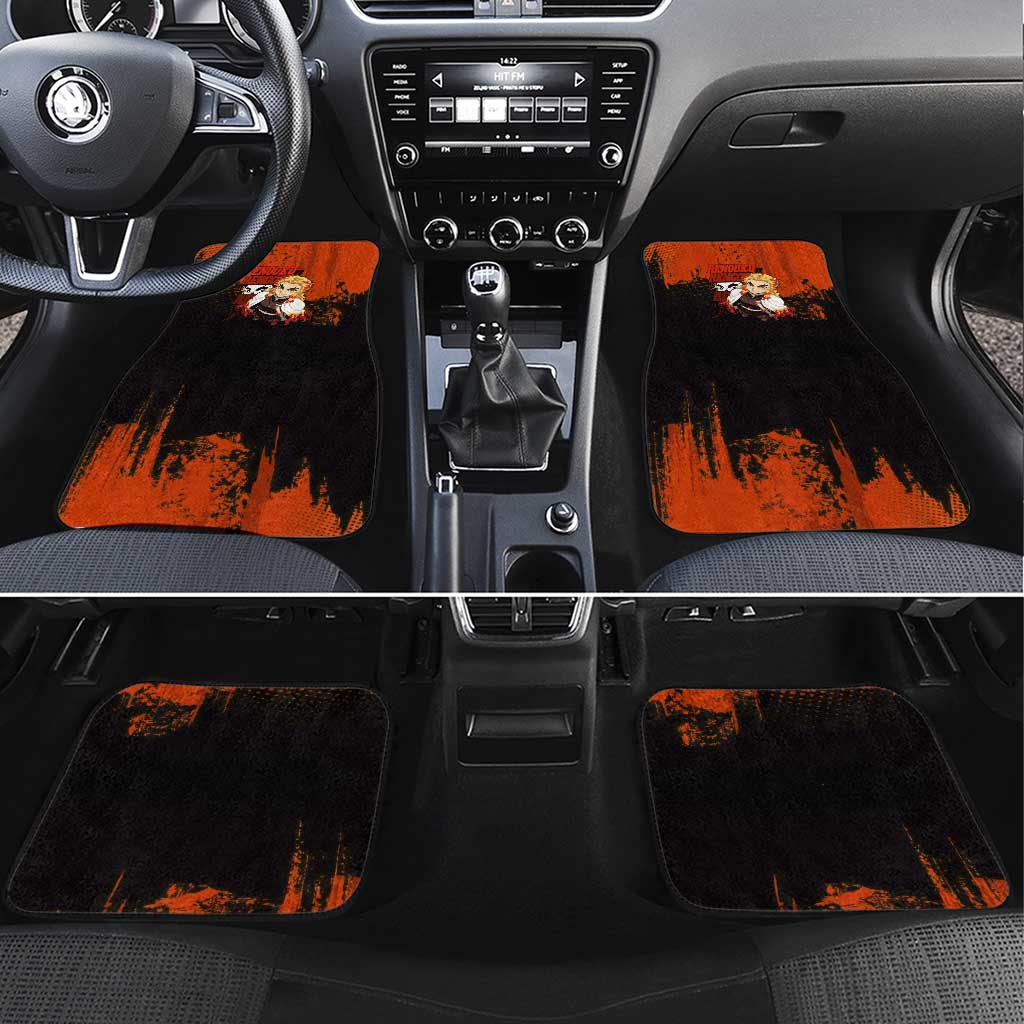 Kyojuro Rengoku Demon Slayer Black and Orange Grunge Design Car Mats with Bold Eyes and Flame Hashira Artwork - The Mazicc
