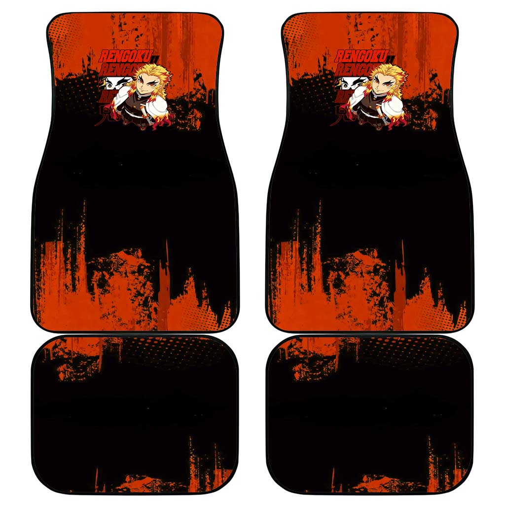 Kyojuro Rengoku Demon Slayer Black and Orange Grunge Design Car Mats with Bold Eyes and Flame Hashira Artwork - The Mazicc