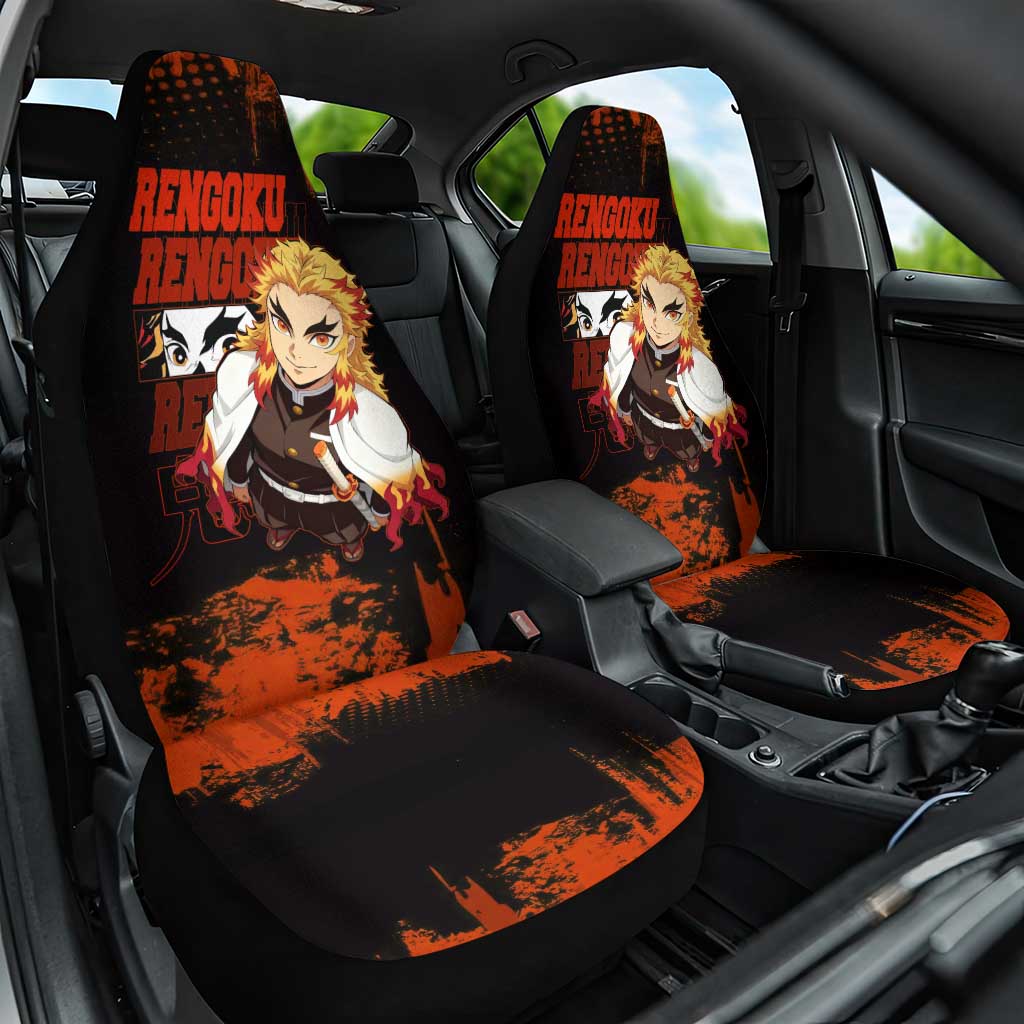 Kyojuro Rengoku Demon Slayer Black and Orange Grunge Design Car Seat Cover with Bold Eyes and Flame Hashira Artwork - The Mazicc