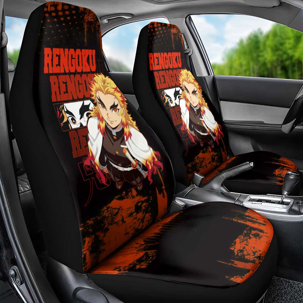 Kyojuro Rengoku Demon Slayer Black and Orange Grunge Design Car Seat Cover with Bold Eyes and Flame Hashira Artwork - The Mazicc