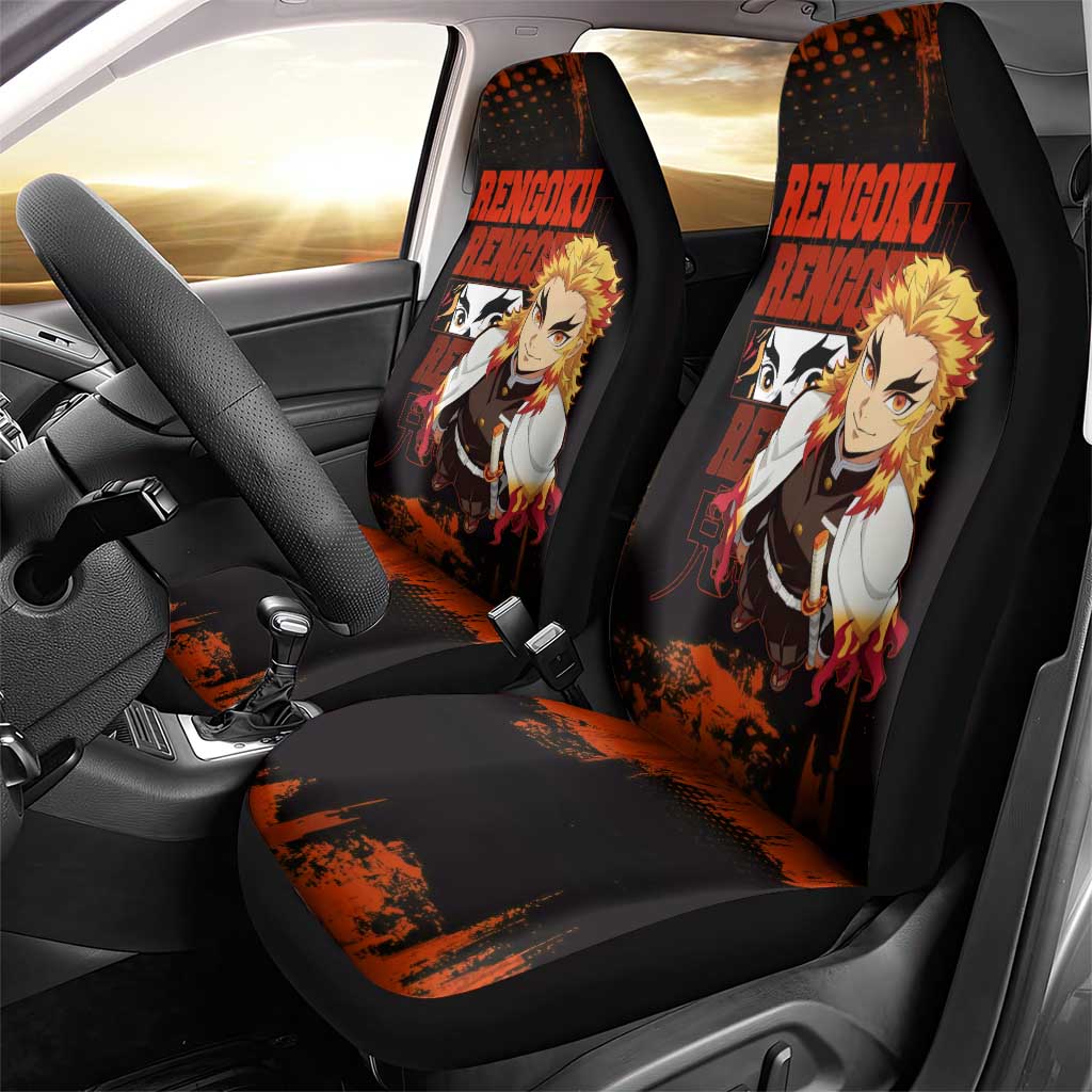 Kyojuro Rengoku Demon Slayer Black and Orange Grunge Design Car Seat Cover with Bold Eyes and Flame Hashira Artwork - The Mazicc