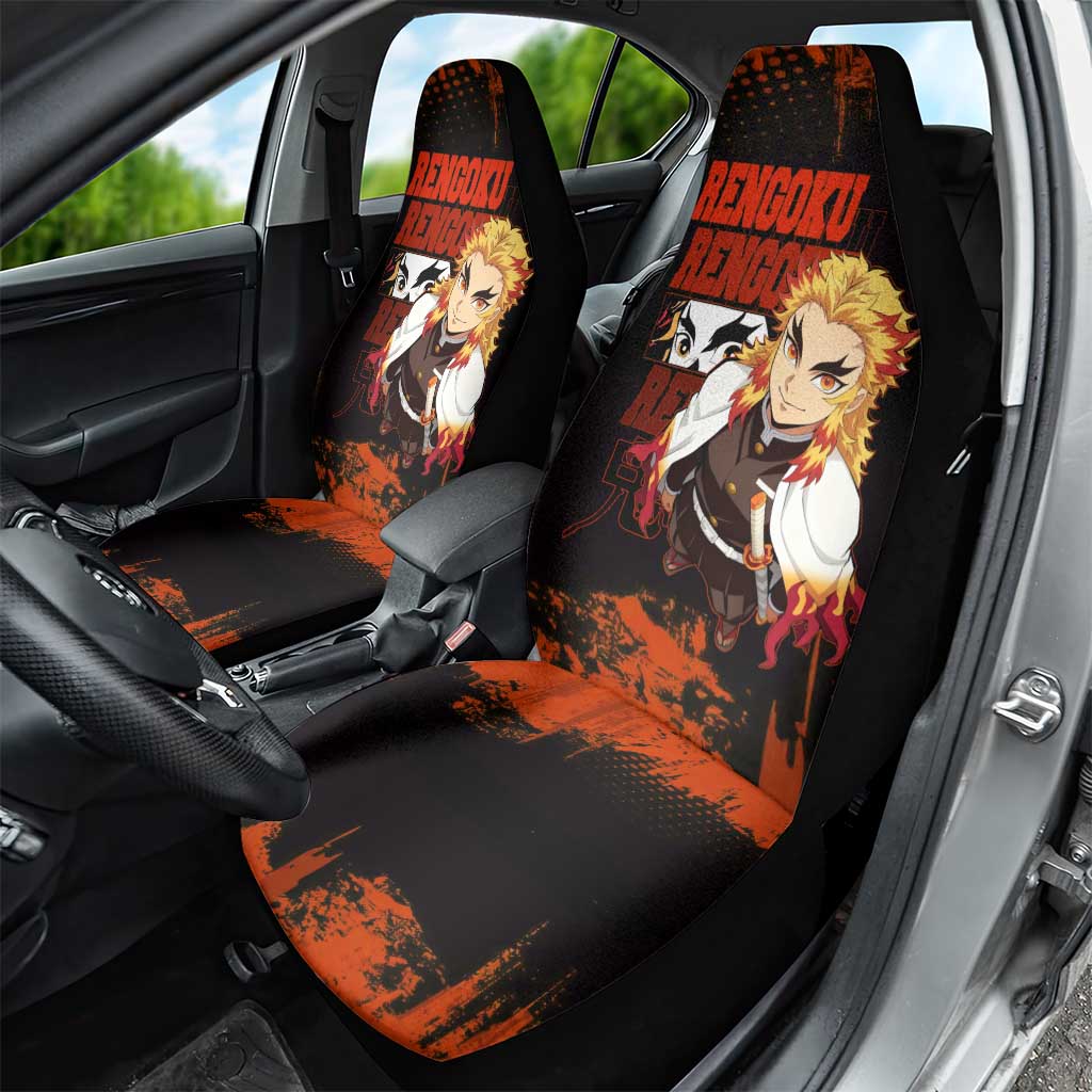 Kyojuro Rengoku Demon Slayer Black and Orange Grunge Design Car Seat Cover with Bold Eyes and Flame Hashira Artwork - The Mazicc