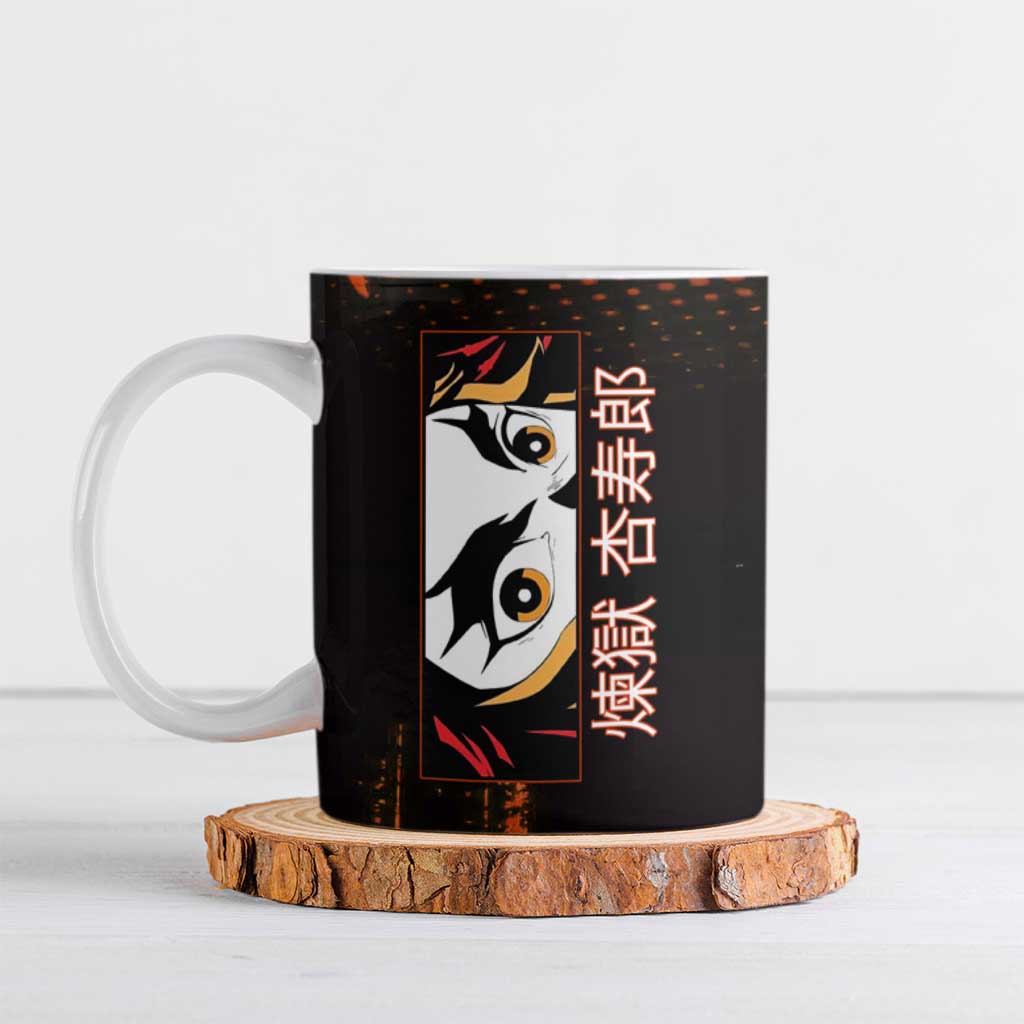 Kyojuro Rengoku Demon Slayer Black and Orange Grunge Design Ceramic Mug with Bold Eyes and Flame Hashira Artwork - The Mazicc