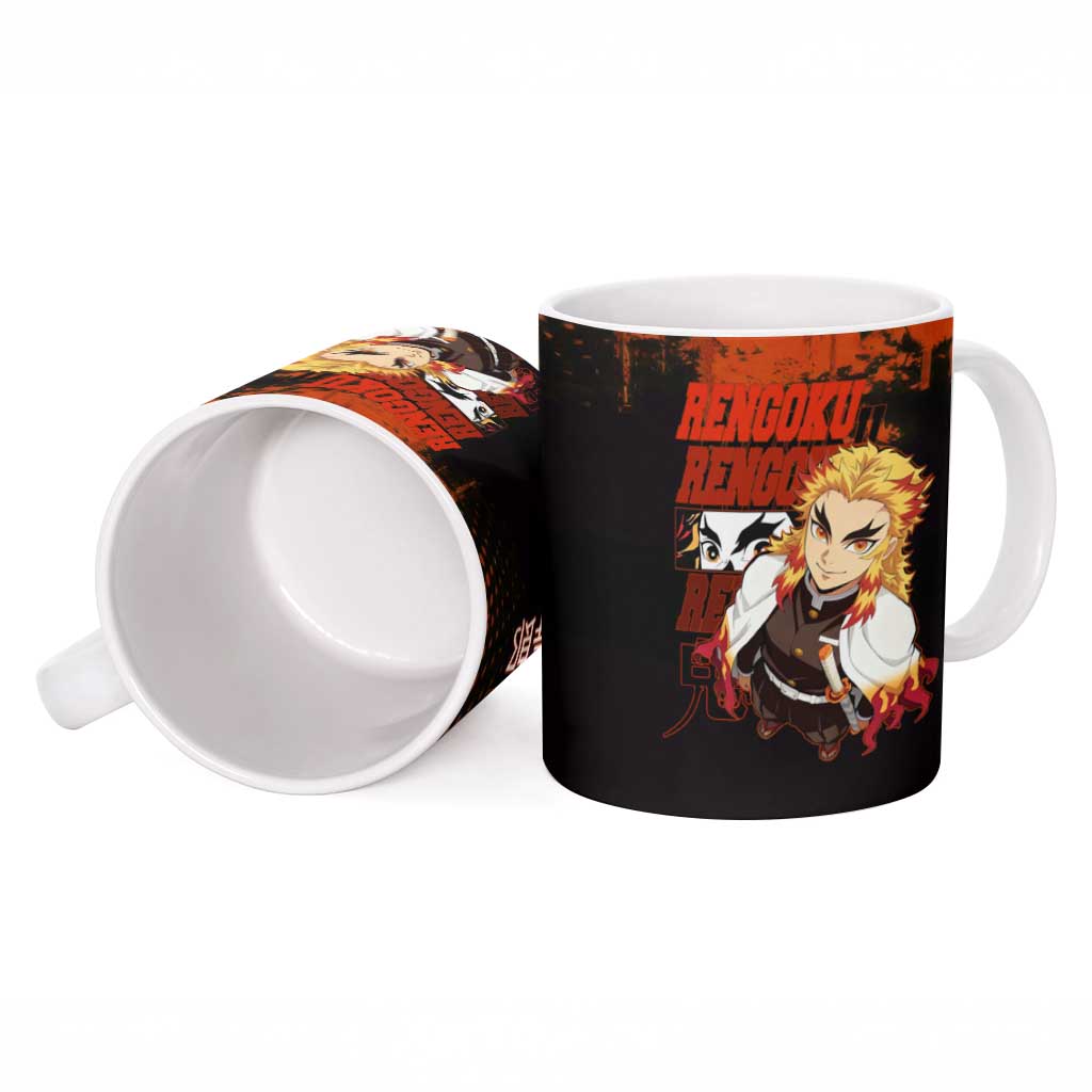 Kyojuro Rengoku Demon Slayer Black and Orange Grunge Design Ceramic Mug with Bold Eyes and Flame Hashira Artwork - The Mazicc
