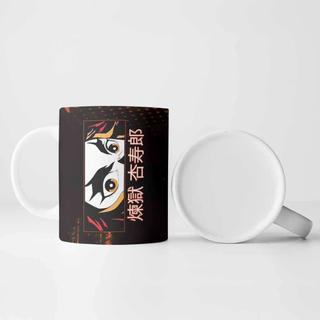 Kyojuro Rengoku Demon Slayer Black and Orange Grunge Design Ceramic Mug with Bold Eyes and Flame Hashira Artwork - The Mazicc