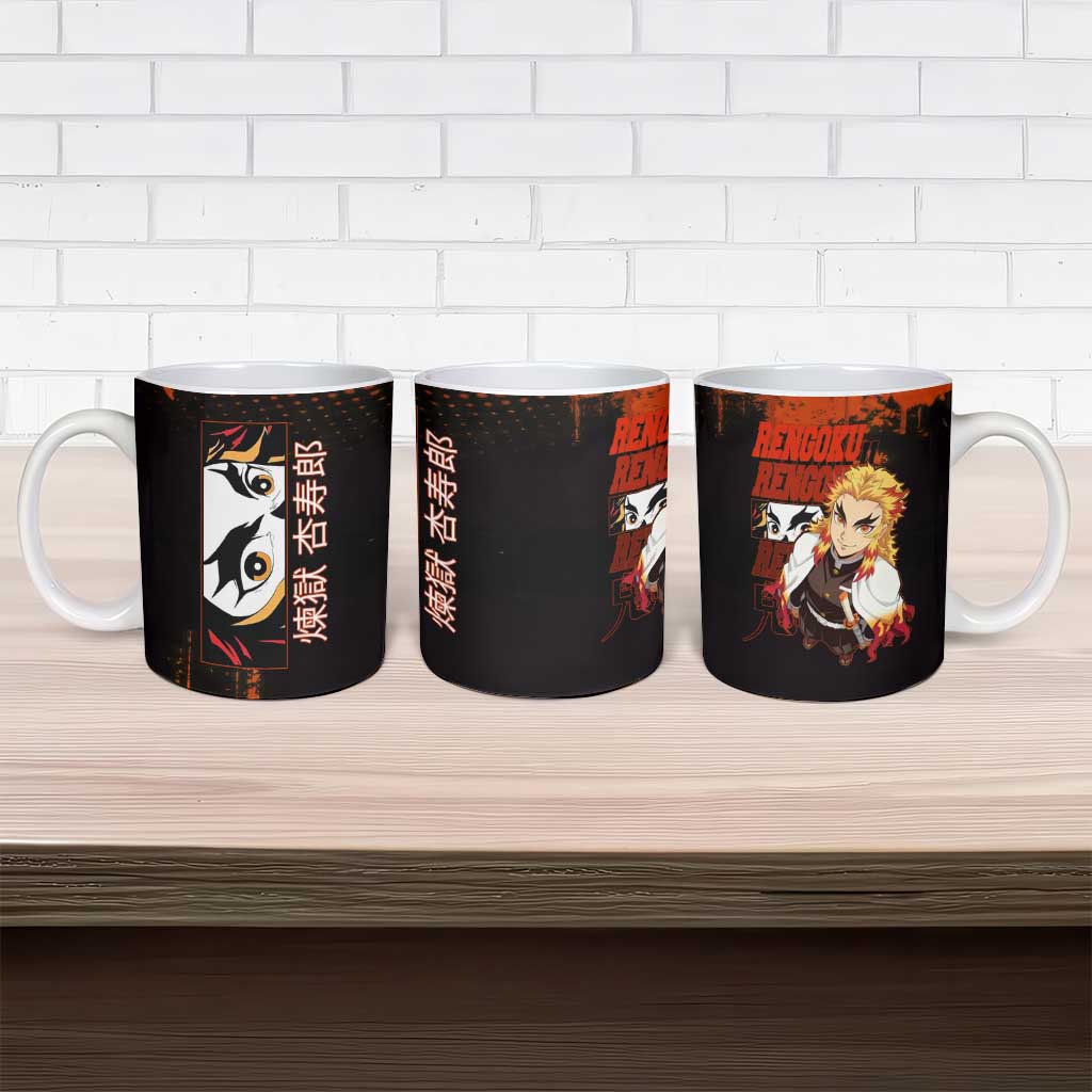Kyojuro Rengoku Demon Slayer Black and Orange Grunge Design Ceramic Mug with Bold Eyes and Flame Hashira Artwork - The Mazicc