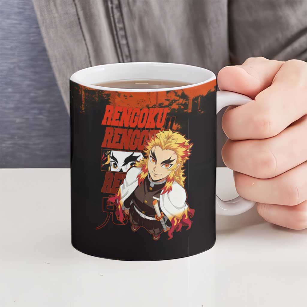 Kyojuro Rengoku Demon Slayer Black and Orange Grunge Design Ceramic Mug with Bold Eyes and Flame Hashira Artwork - The Mazicc