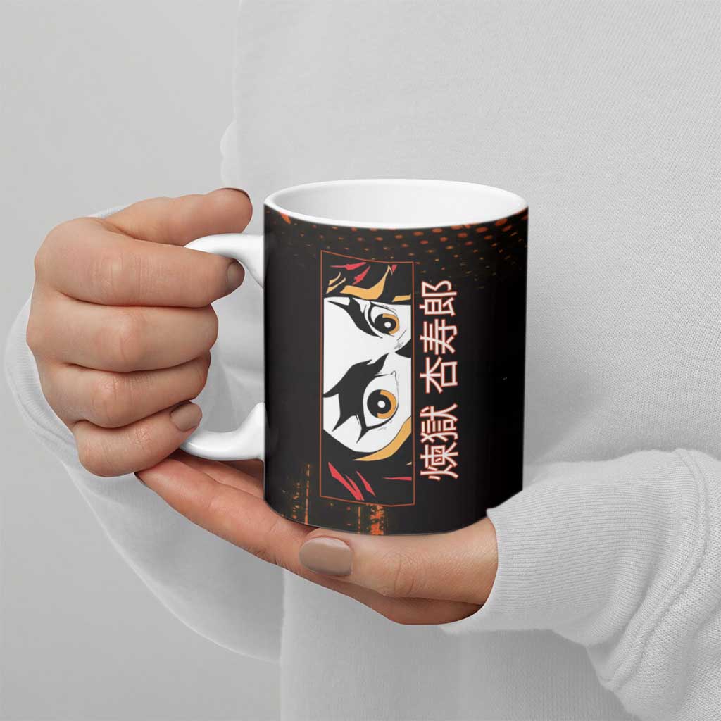 Kyojuro Rengoku Demon Slayer Black and Orange Grunge Design Ceramic Mug with Bold Eyes and Flame Hashira Artwork - The Mazicc